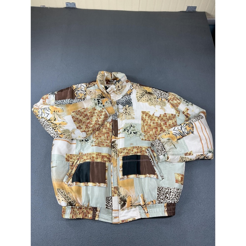 Fu Da International Jacket Mens Medium‎ Multicolor Silk Tiger Print Puffer Zip